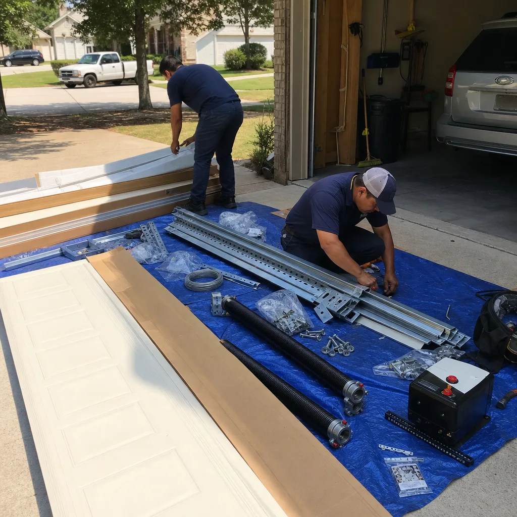 Two technicians preparing parts for a residential garage door installation project