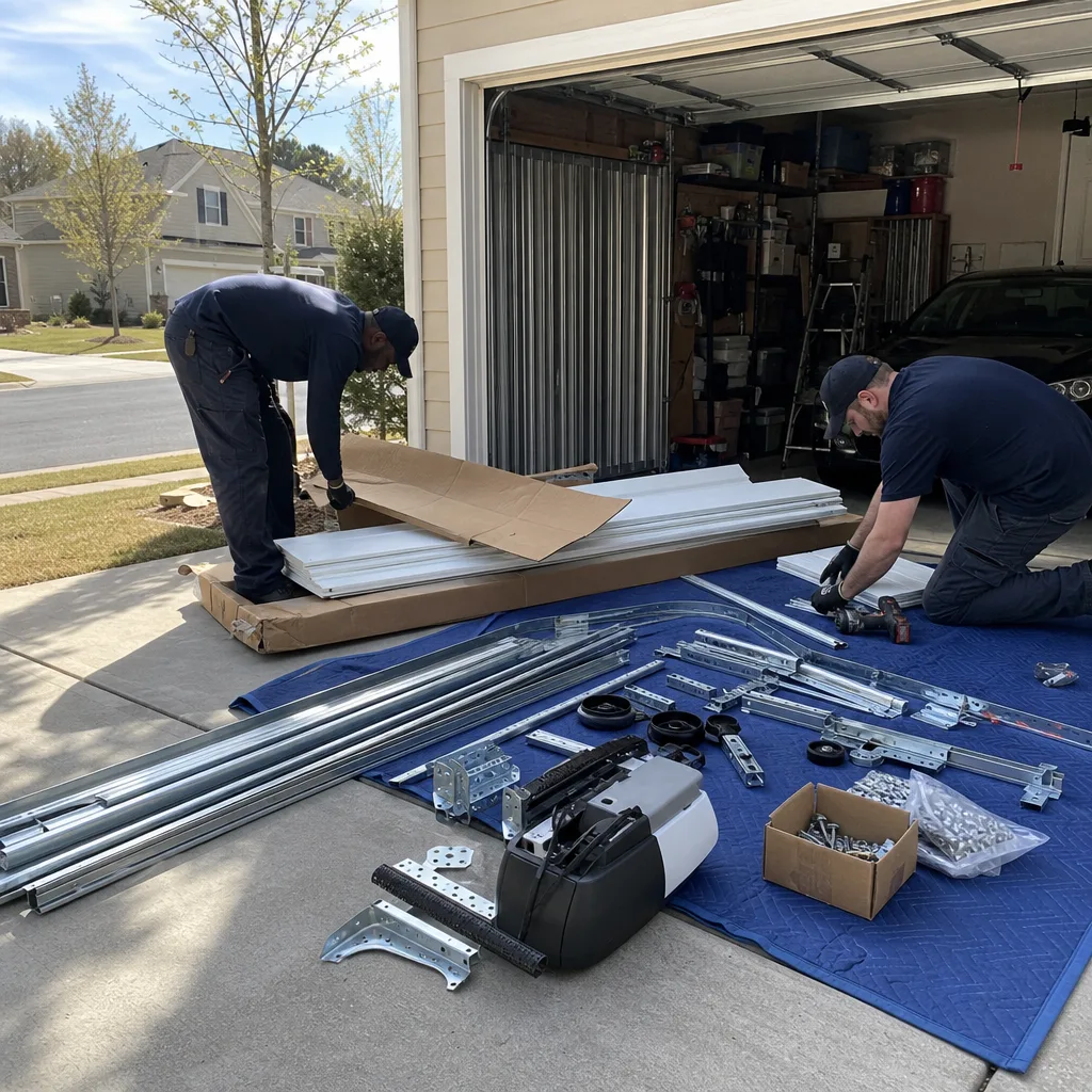 Professional garage door installation technicians unpacking equipment in a residential driveway.