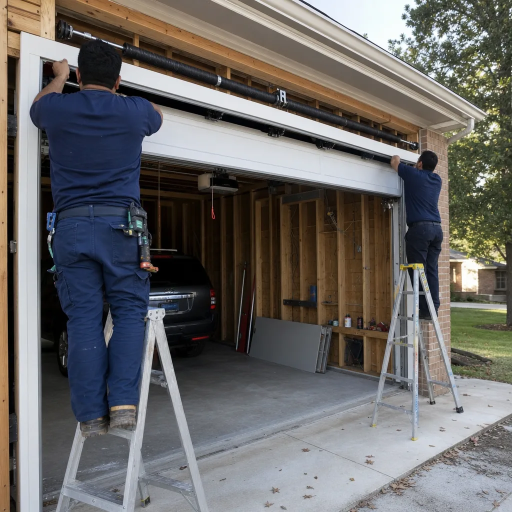 Technicians performing professional garage door installation on a residential home