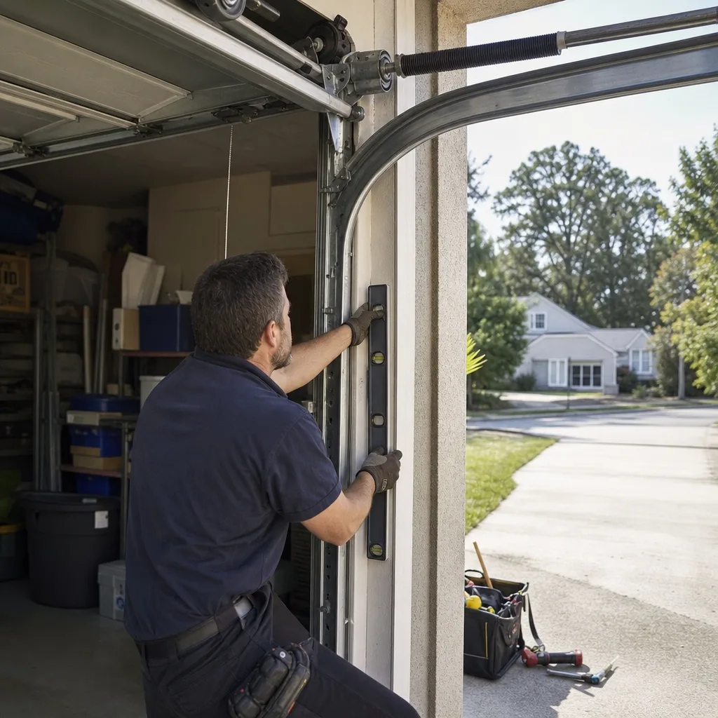 Technician using a level to repair a garage door track