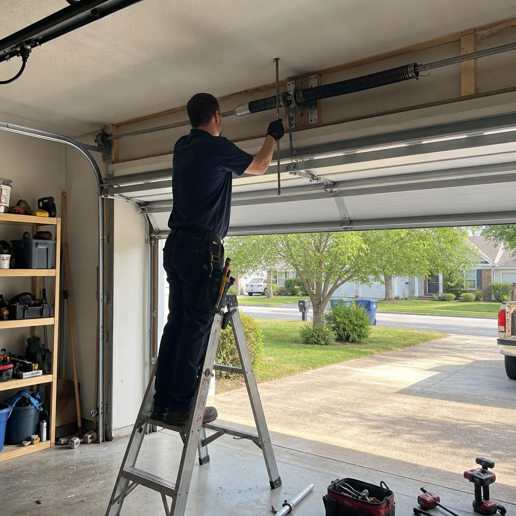 Technician performing garage door spring repair on a ladder