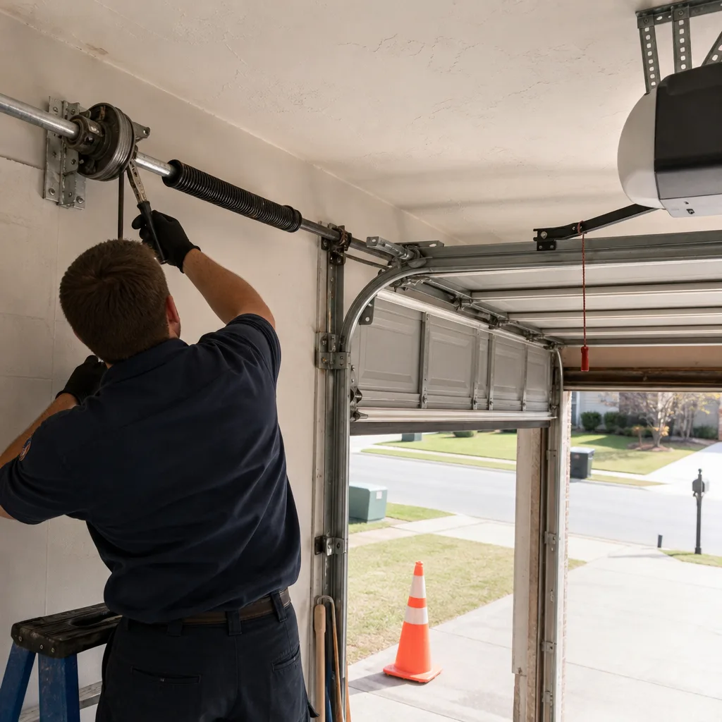 Professional technician performing garage door torsion spring repair